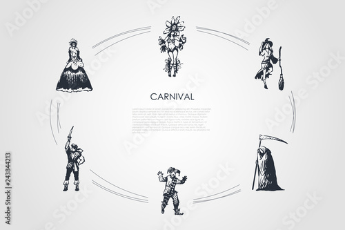 Carnival - people in different traditional costumes for special holidays vector concept set