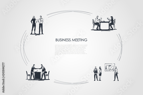 Business meeting - business people making presentations, negociating, making reports, communicating vector concept set