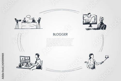 Blogger - people making selfie, editing videos, shooting program and interview vector concept set