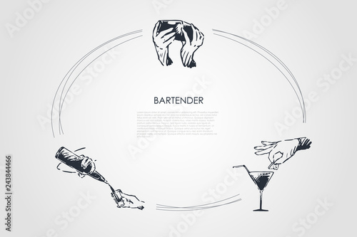 Bartender - hands of bartender shaking cocktail, putting lemon on glass, pouring drink from bottle vector concept set