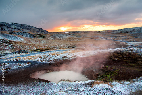 Sunrise at thermal hot springs in Iceland