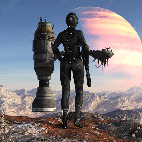 Illustration of a futuristic soldier standing on a mountaintop looking at a spaceship with a figure waving against an alien planet in the sky.