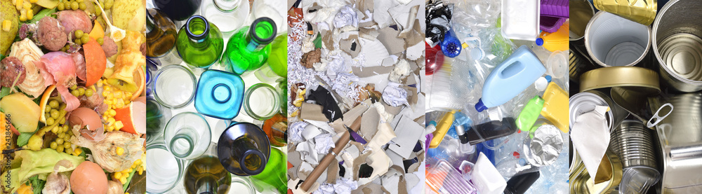 recycling, tin can,plastic,paper,glass and organic - obrazy, fototapety, plakaty 