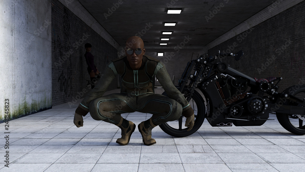 Illustration of a man wearing sunglasses crouching in front of a black motorcycle with woman in the background in a dark tunnel entrance. Illustration of a man wearing sunglasses crouching in front of a black motorcycle with woman in the background in a dark tunnel entrance.