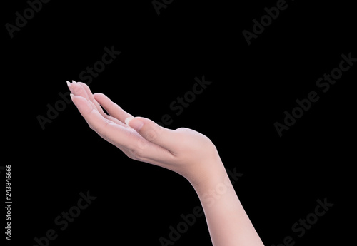 Beautiful woman hands isolated on black background, concept of holding a virtual thing or hand manicure care, closeup.