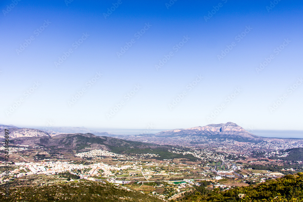 Panoramic view of Montgó mountain in Denia and Javea, Spain. View from Cumbre del Sol mountain, also known as 