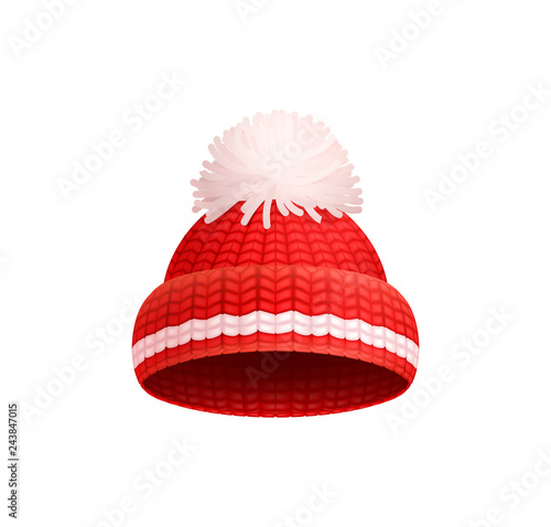 Knitted Red Hat with White Pom-Pom Vector Icon
