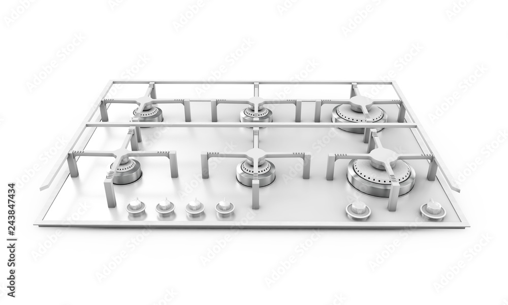 Gas stove embedded glass metal 3d render on white background with shadow Gas stove embedded glass metal 3d render on white background with shadow