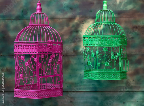 Colorful empty bird cages