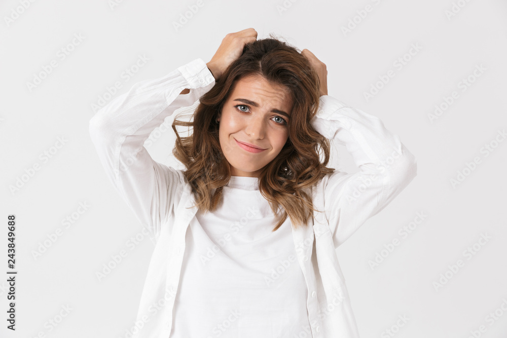 Portrait of joyful woman 30s in casual clothes standing, isolated over white background Portrait of joyful woman 30s in casual clothes standing, isolated over white background