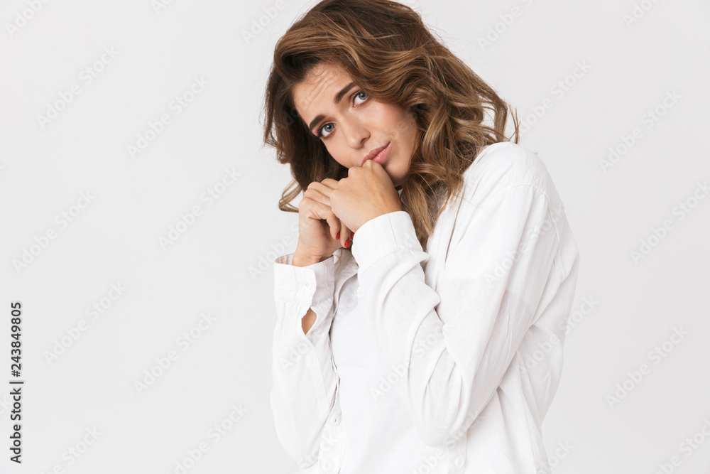 Portrait of adult european woman in casual clothes standing, isolated over white background Portrait of adult european woman in casual clothes standing, isolated over white background