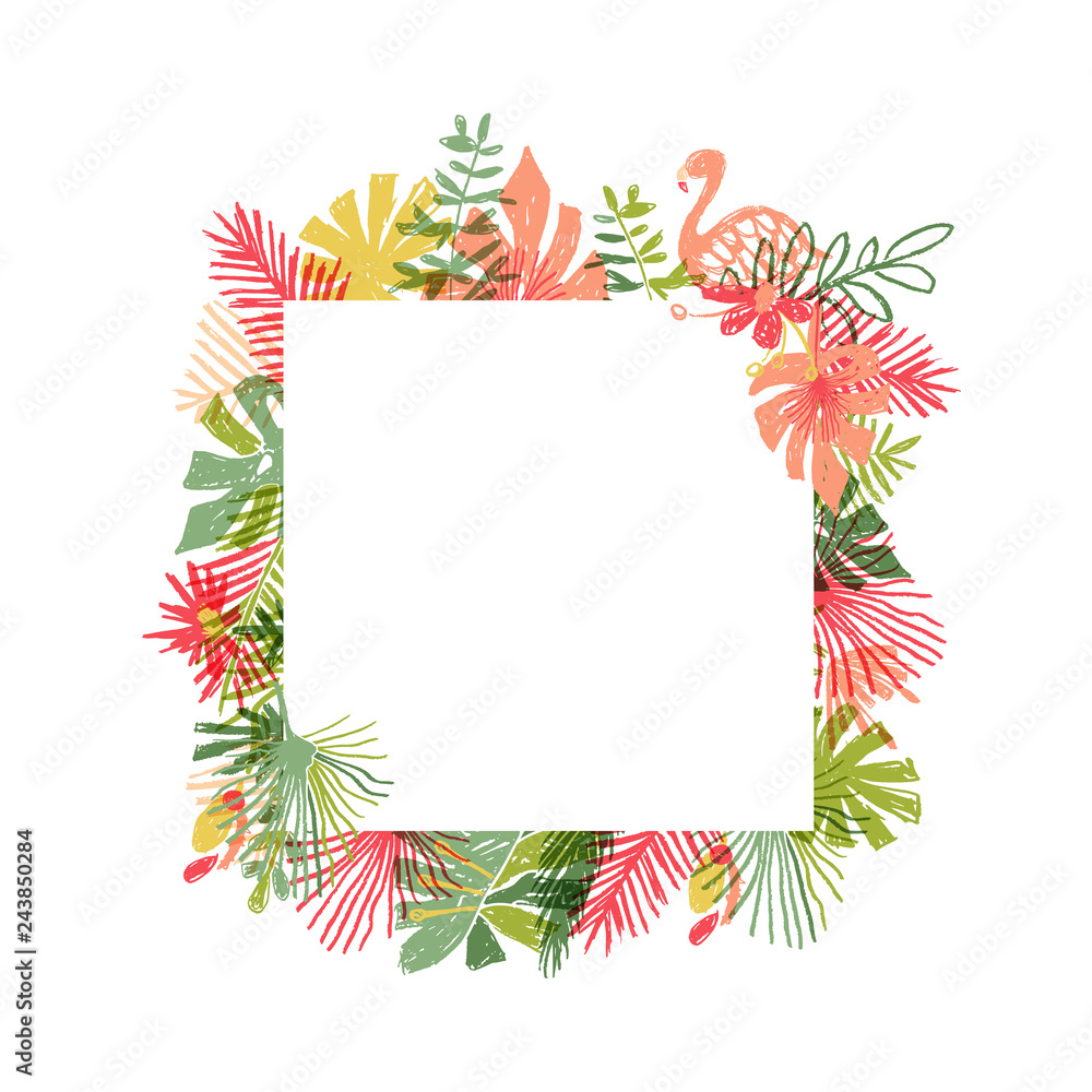 Tropical flower and flamingo bird hand drawn frame, illustration isolated on white background. Botanical framing, exotic plant leaf and bird framework, lets flamingle Tropical flower and flamingo bird hand drawn frame, illustration isolated on white background. Botanical framing, exotic plant leaf and bird framework, lets flamingle