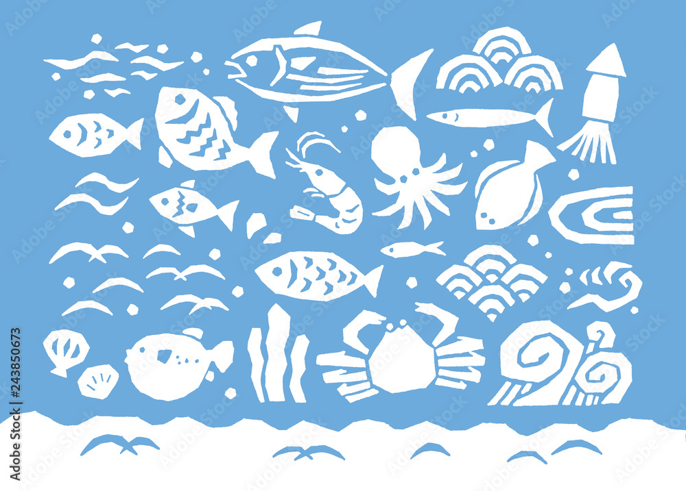 魚と波版画風 Stock Vector Adobe Stock