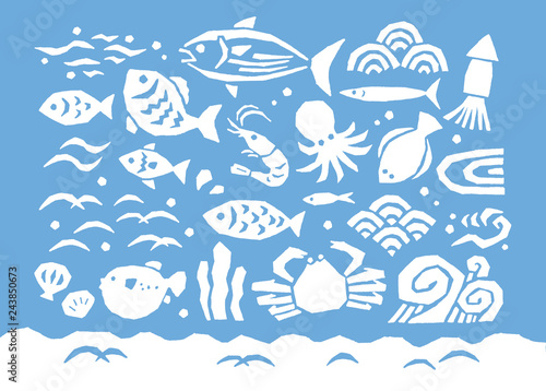 魚と波版画風