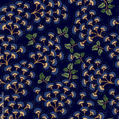 Seamless pattern with fantasy flowers, natural wallpaper, floral decoration curl illustration. Paisley print hand drawn elements. Home decor.