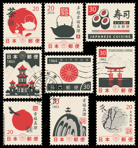 Set of vector postage stamps on the theme of Japanese culture in retro style. Hieroglyph Japan Post, Sushi, Tea, Perfection, Happiness, Truth