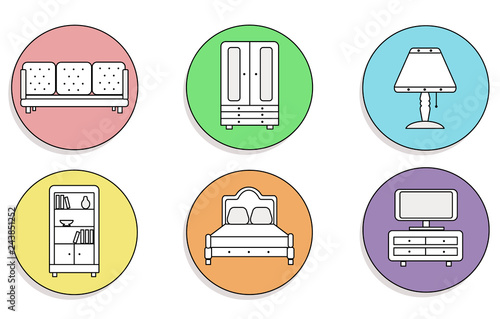 Furniture icons set. Beautiful on a colored, round background.
