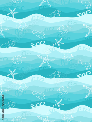 Sea life  underwater design. Seamless pattern with cute fish and wavy sea background. Fish  starfish swimming in the turquoise color sea.