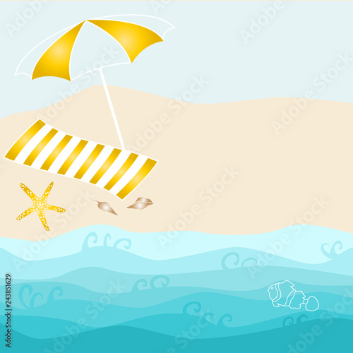 Summer card design with parasol, towel, starfish, shell on the beach