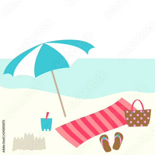 Summer card design with parasol, bag,  towel, bucket, slipper on the beach