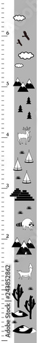 Kids height chart in minimalistic scandinavian style. Meter Wall or Height Meter, Inches Scale. Black and white Vector illustration