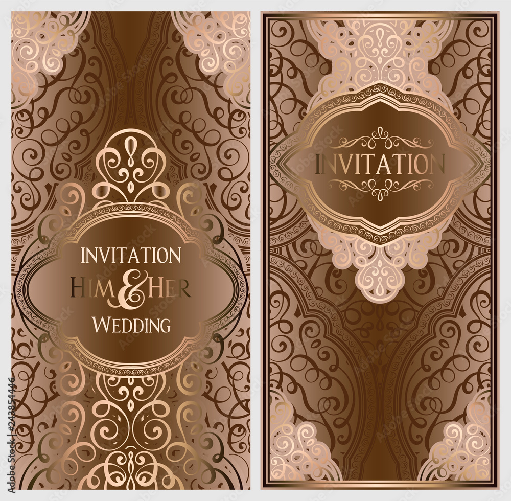 Beige and gold luxury wedding invitation card with golden shiny eastern and baroque rich foliage. Ornate islamic background for your design. Islam, Arabic, Indian, Dubai.