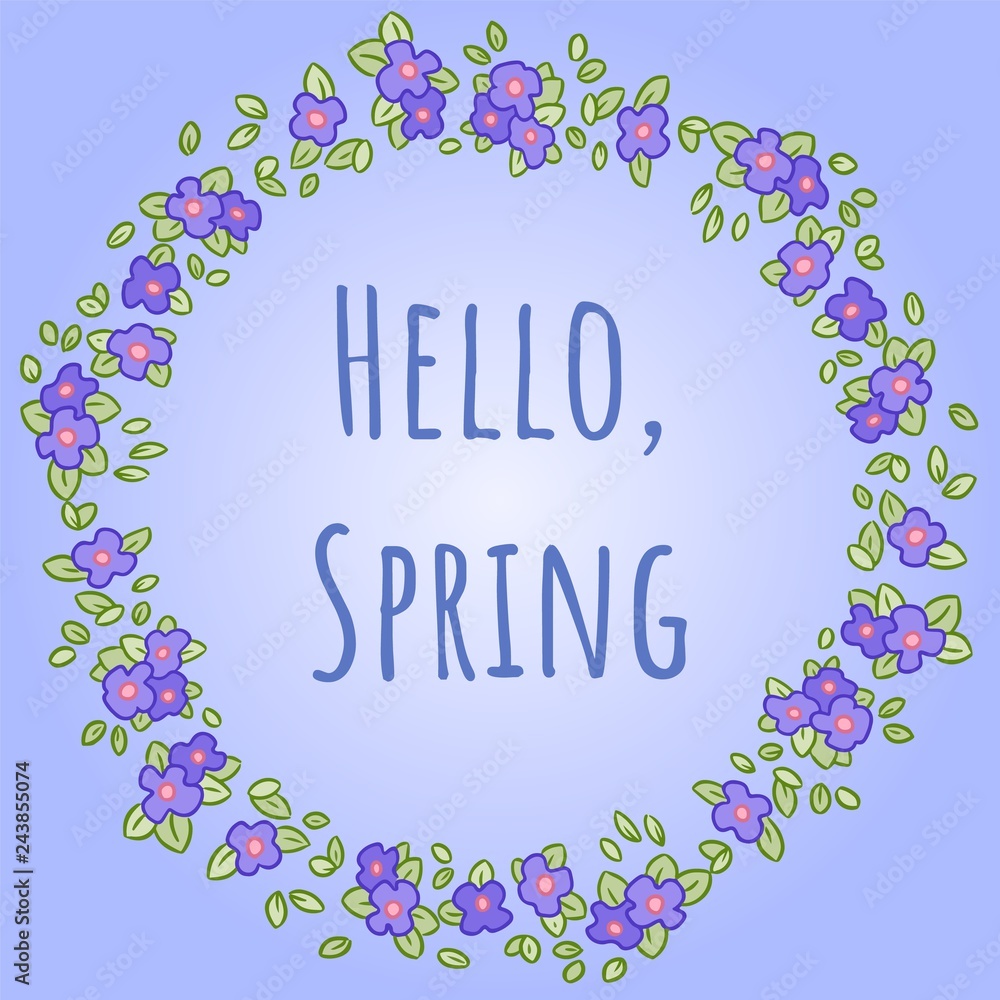 Vector round wreath with Pansy or Viola flowers and leaves. Hello Spring typescrypt. Design greeting card and invitation for the wedding, birthday