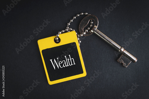 WEALTH inscription written on wooden tag and key on black background with selective focus and crop fragment. Business and education concept