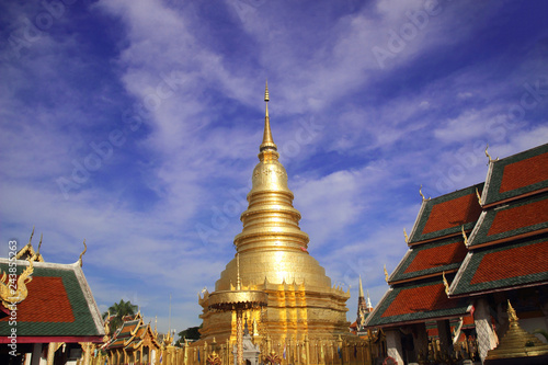 Wat Phra That Hariphunchai an iconic Buddhist pagoda in Lamphun province, Thailand. Its Lanna style chedi enshrines a relic of the Buddha.