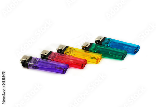 Plastic lighter / Close up of colorful plastic gas lighters isolated on white background