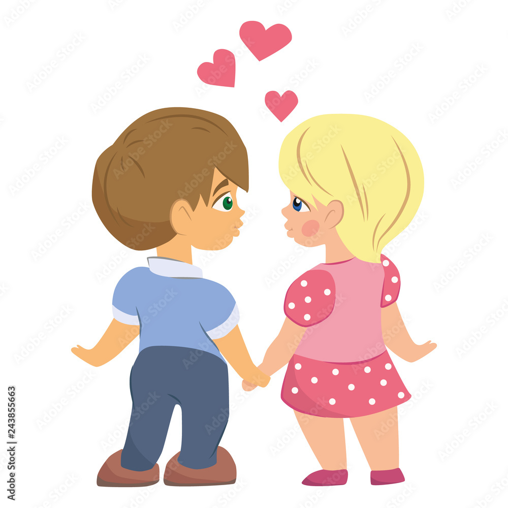 a boy and a girl look at each other and hold hands.