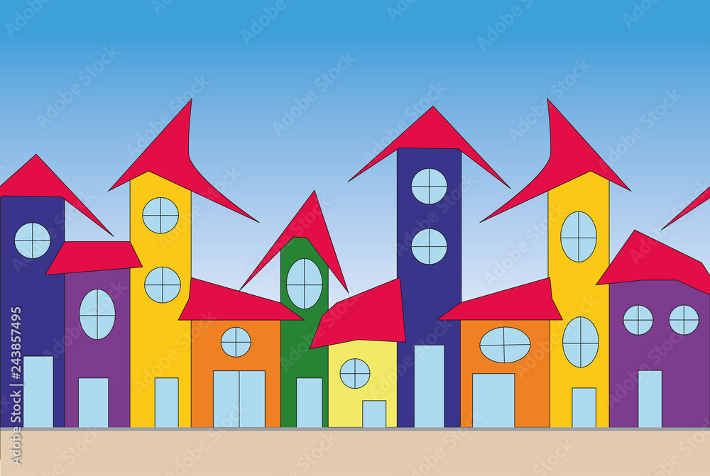 City street seamless background. Hand draw colorful houses. Vector illustration.
