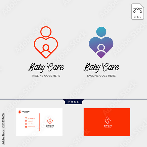 children care, baby care logo template with business card
