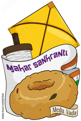 Traditional Kite, Reel and Medu Vada for Makar Sankranti Festival, Vector Illustration