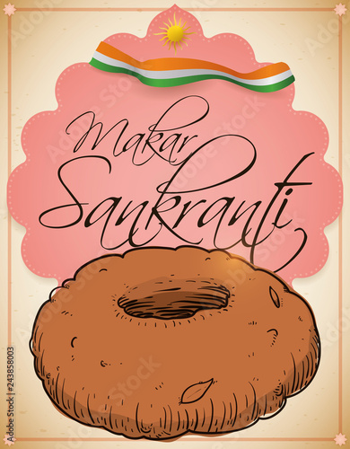 Frame with Delicious Indian Medu Vada Draw for Makar Sankranti, Vector Illustration