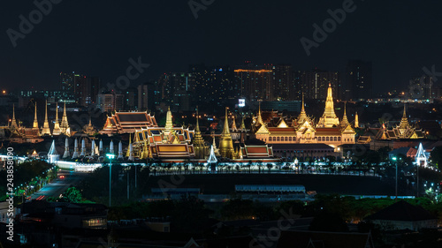 Night scene of Grand Palace and Wat Phra Kaew (Temple of the Emerald Buddha) in Bangkok, Thailand