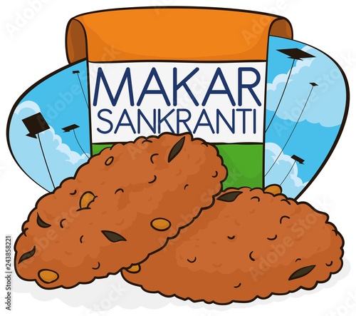 Beautiful Day during Makar Sankranti with Kites and Vada Desserts, Vector Illustration