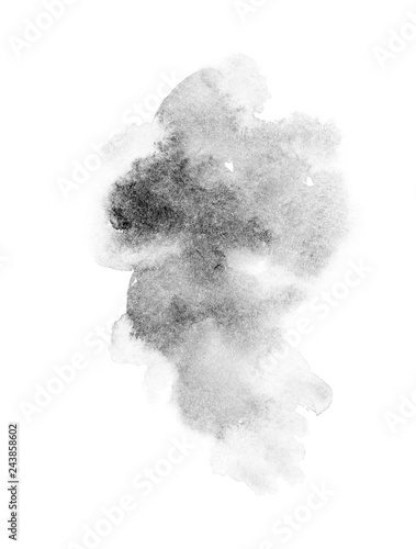 black watercolor splash isolated on white background, for text, banner, card, invitation, design for tag and label, logo, brand. color like gray, grey 