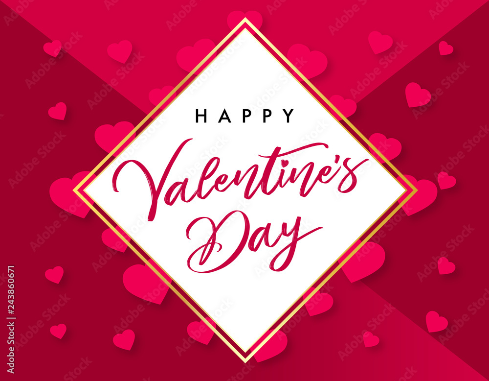 Happy Valentines Day pink lettering and rose hearts banner. Valentine greeting card template with typography text happy valentine`s day and red heart on background. Vector illustration