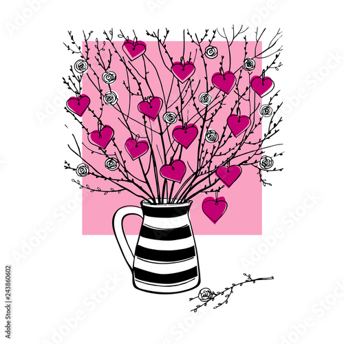A bouquet of roses and hearts in a striped jug