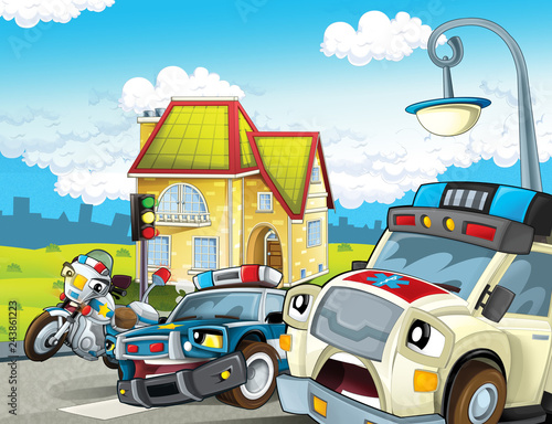 cartoon scene with police car motor and policeman on patrol and ambulance - illustration for children © honeyflavour