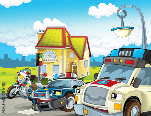 Fototapeta Naklejka Na Ścianę i Meble -  cartoon scene with police car motor and policeman on patrol and ambulance - illustration for children