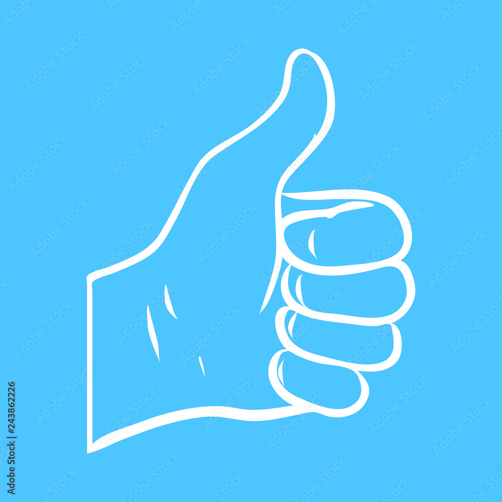 Thumbs up. Blue and white outline hand of a man. I like it button, sign on white background. isolated vector file. Communication, smartphone, chat, text, internet. Thumbs up. Blue and white outline hand of a man. I like it button, sign on white background. isolated vector file. Communication, smartphone, chat, text, internet.