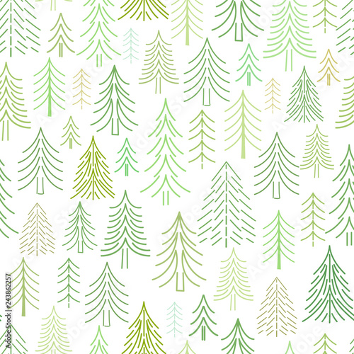 Christmas trees, firs and pines, drawn by lines and dotted, seamless pattern