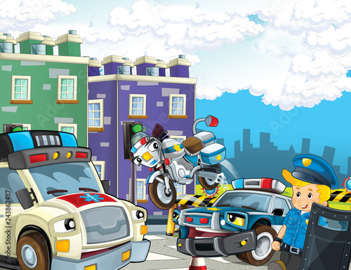 cartoon scene with police car motor and policeman on patrol and ambulance - illustration for children