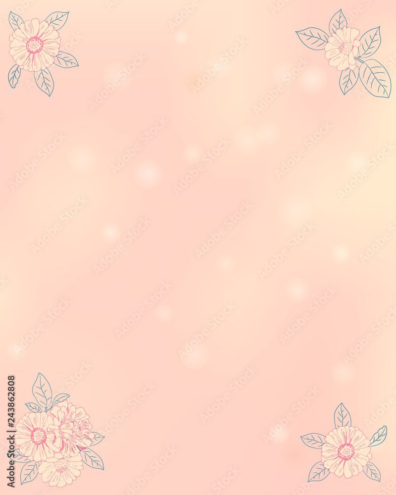 Pink yellow bokeh romantic background. Happy Valentine`s, Mother`s or Women`s day card design. Elegant vector illustration with flowers (zinnia, camomile, sunflowers, daisy). Place for text.