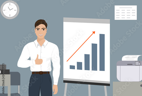 Happy man stands near flipchart with diagram and talks about successful project summary in office. Smiling businessman show thumb up. Gesture "like, cool, awesome, everything OK". Vector illustration