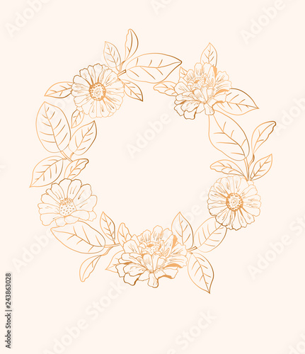 Wreath, frame with gold flowers (zinnia, camomile, sunflower, daisy). Elegant floral background for Save the date, Women`s day, Valentine`s day, Mother`s day card. Vector illustration.