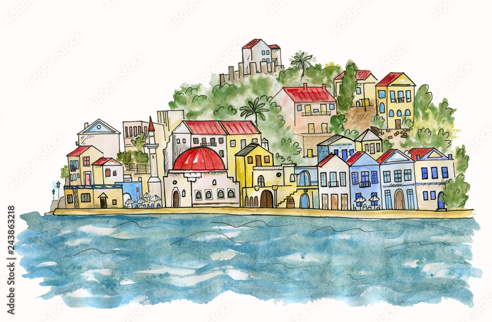 Southern city by the sea. Watercolor illustration.