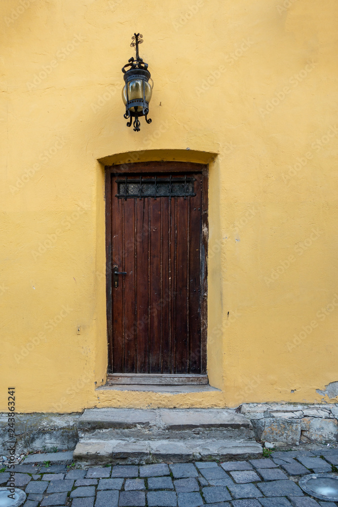 Fototapeta premium Old door on the façade of stone building